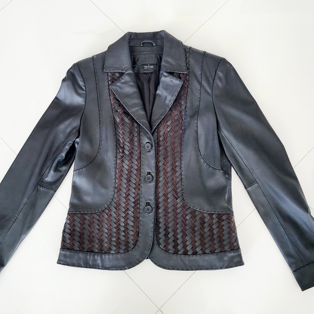 Black leather jacket with brown suede pattern trim. Size 4